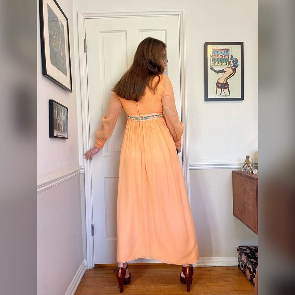 70s Vintage Shirred Bust Long Sleeve Peach Prom Dress - Picture 4 of 8